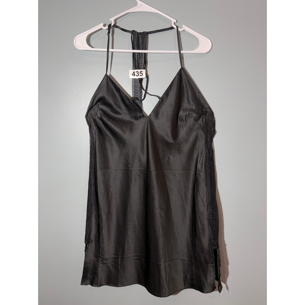 Jezebel Black Satin Lace Trim T-Back Chemise Nightgown Slip Dress Large 999852